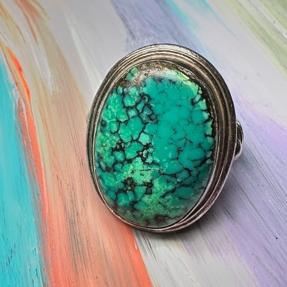 Turquoise Ring 12.6g Oval Cabochon Natural Spider Web Tibetan Green Sz 6.25 4077 - Picture 7 of 13